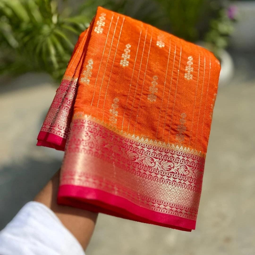 Orange Banarasi Kathan Gorgette Silk Saree - Alna Apparels