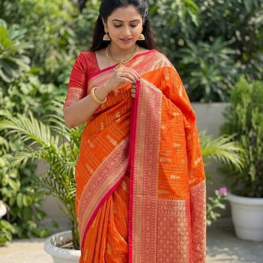 Orange Banarasi Kathan Gorgette Silk Saree Alna Apparels
