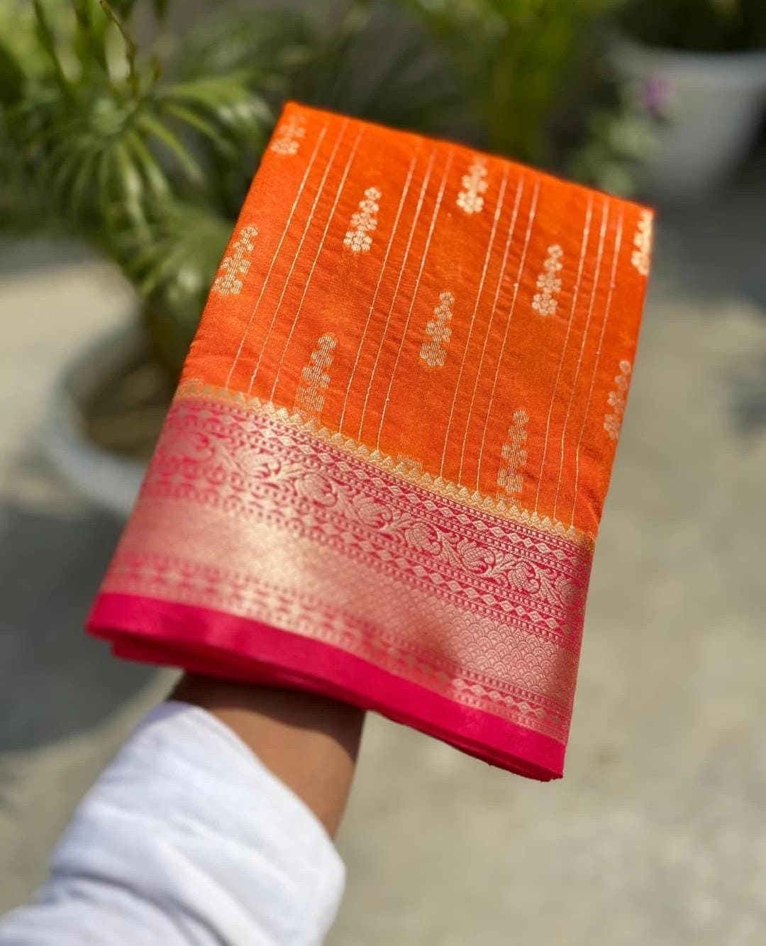 Orange Banarasi Kathan Gorgette Silk Saree - Alna Apparels