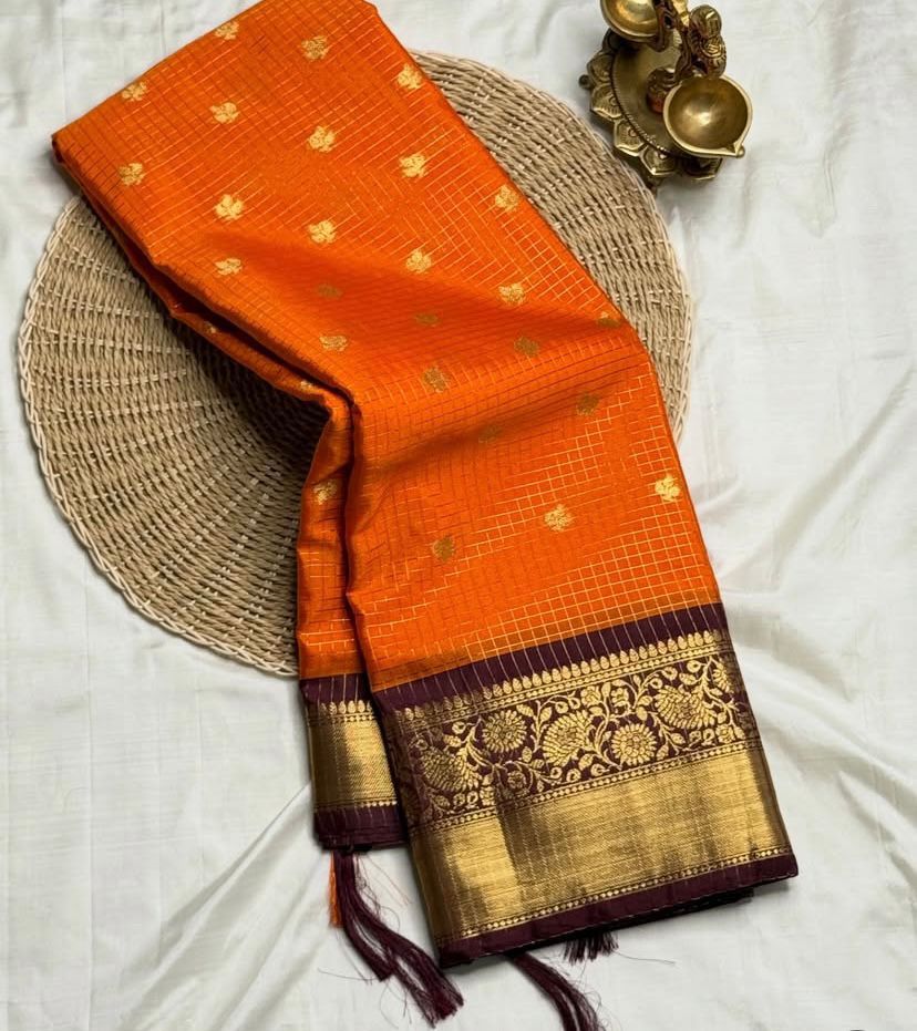 Orange Banarasi Kathan Soft Silk Saree - Alna Apparels