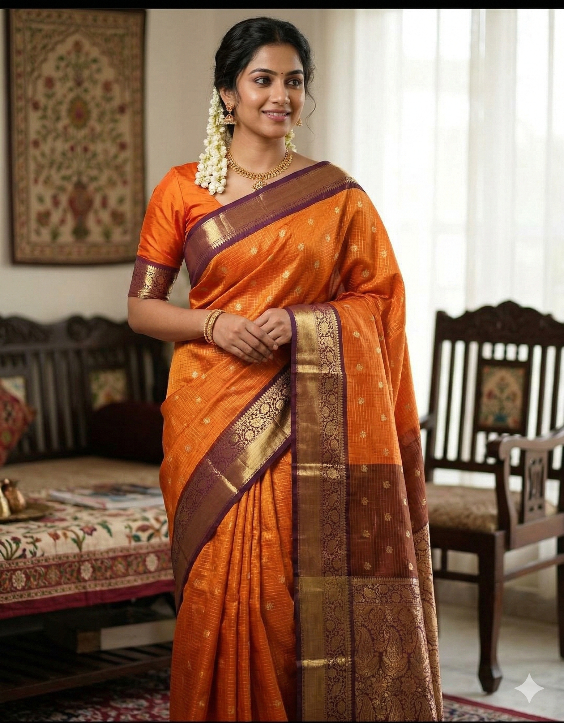 Orange Banarasi Kathan Soft Silk Saree Alna Apparels