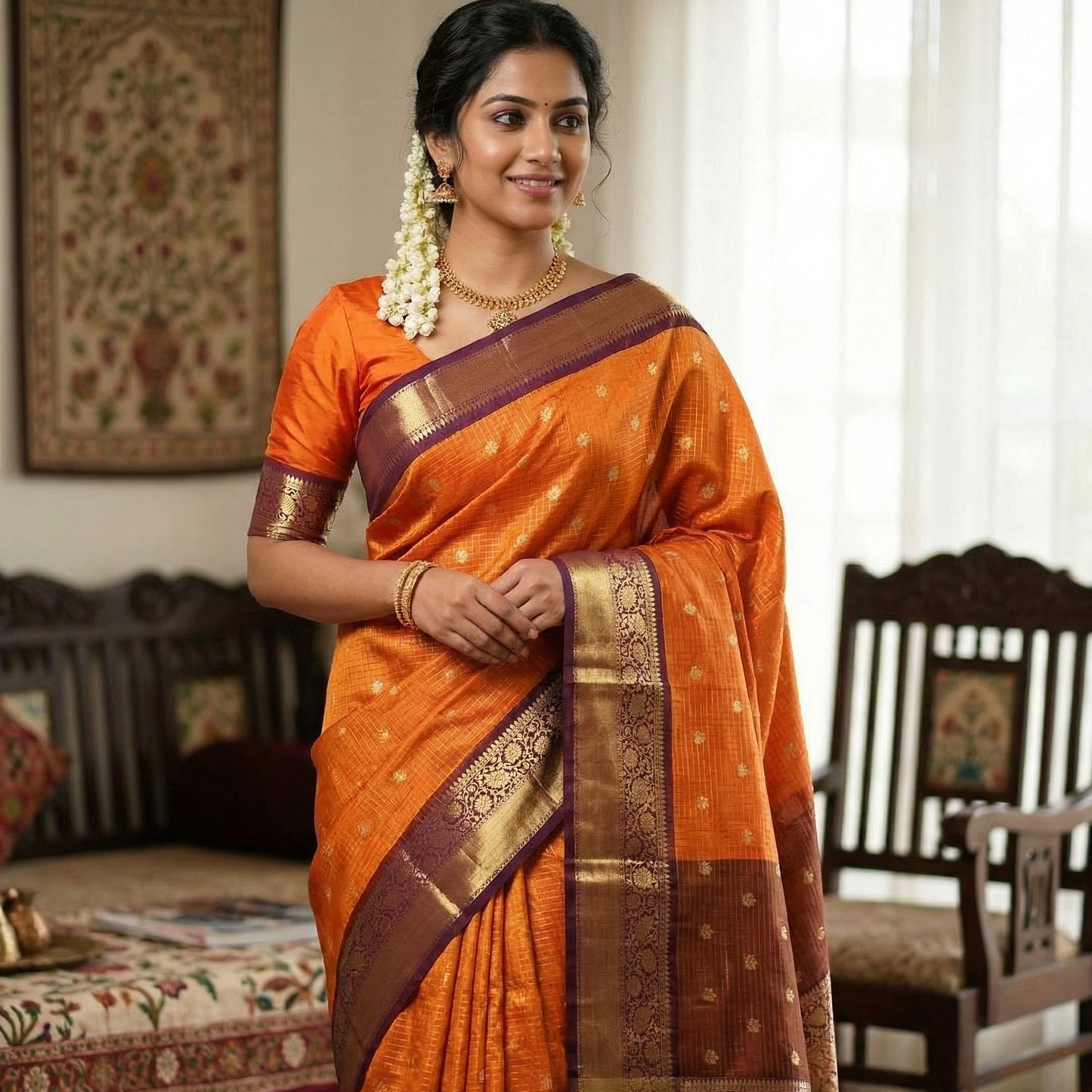 Orange Banarasi Kathan Soft Silk Saree Alna Apparels