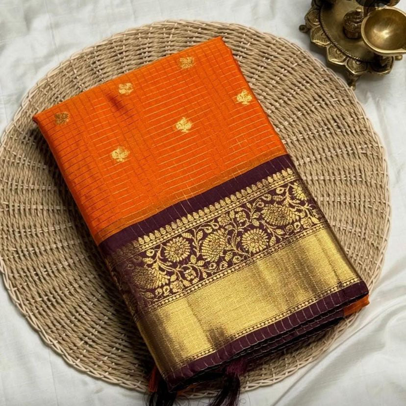 Orange Banarasi Kathan Soft Silk Saree - Alna Apparels