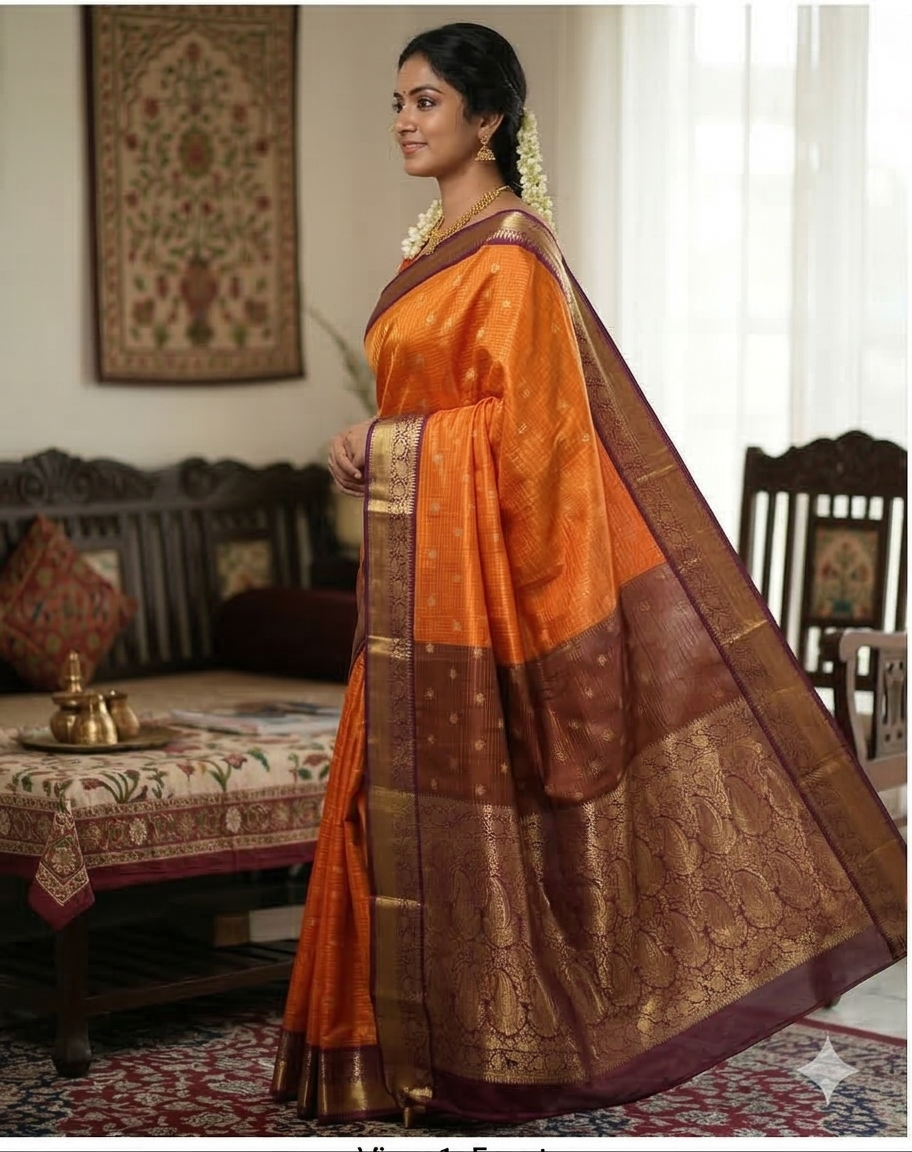 Orange Banarasi Kathan Soft Silk Saree Alna Apparels