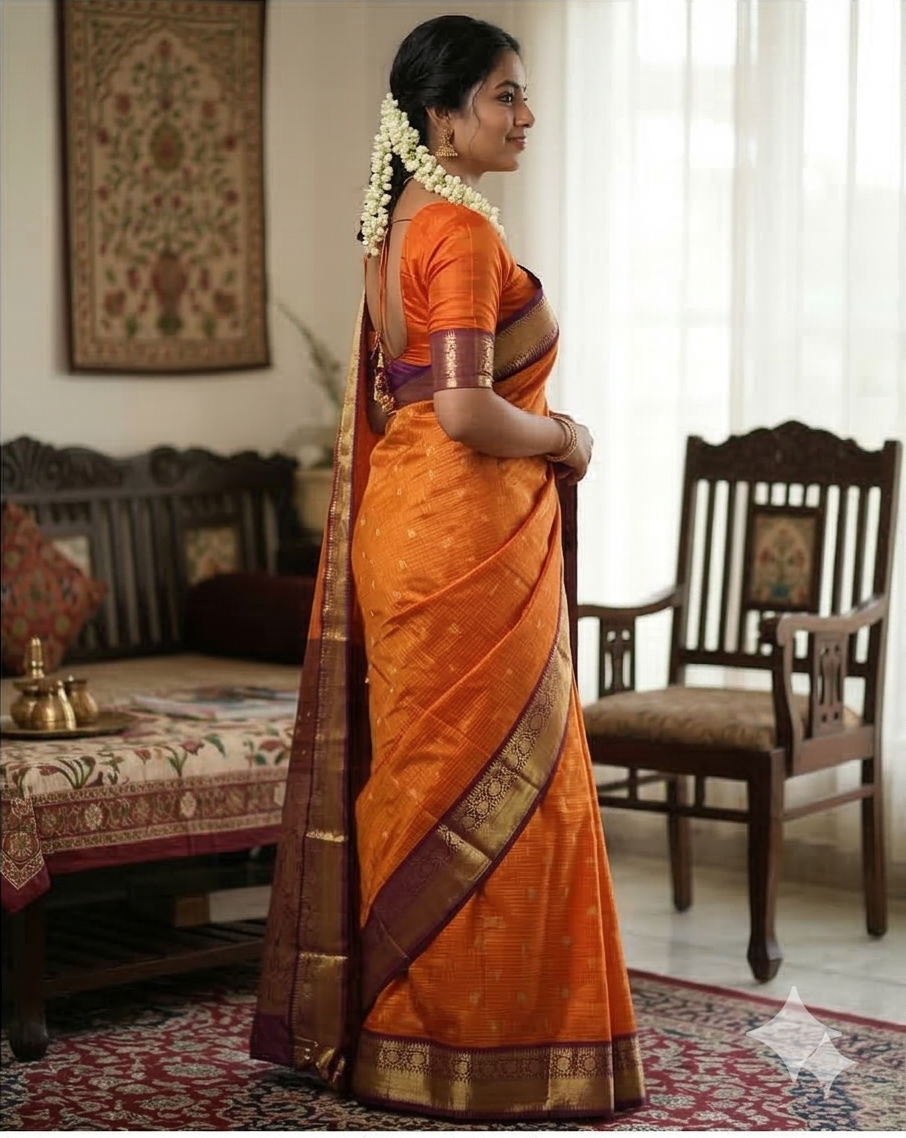 Orange Banarasi Kathan Soft Silk Saree Alna Apparels