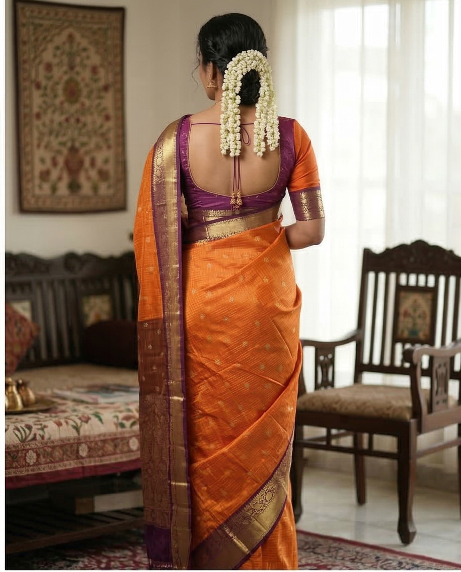 Orange Banarasi Kathan Soft Silk Saree Alna Apparels