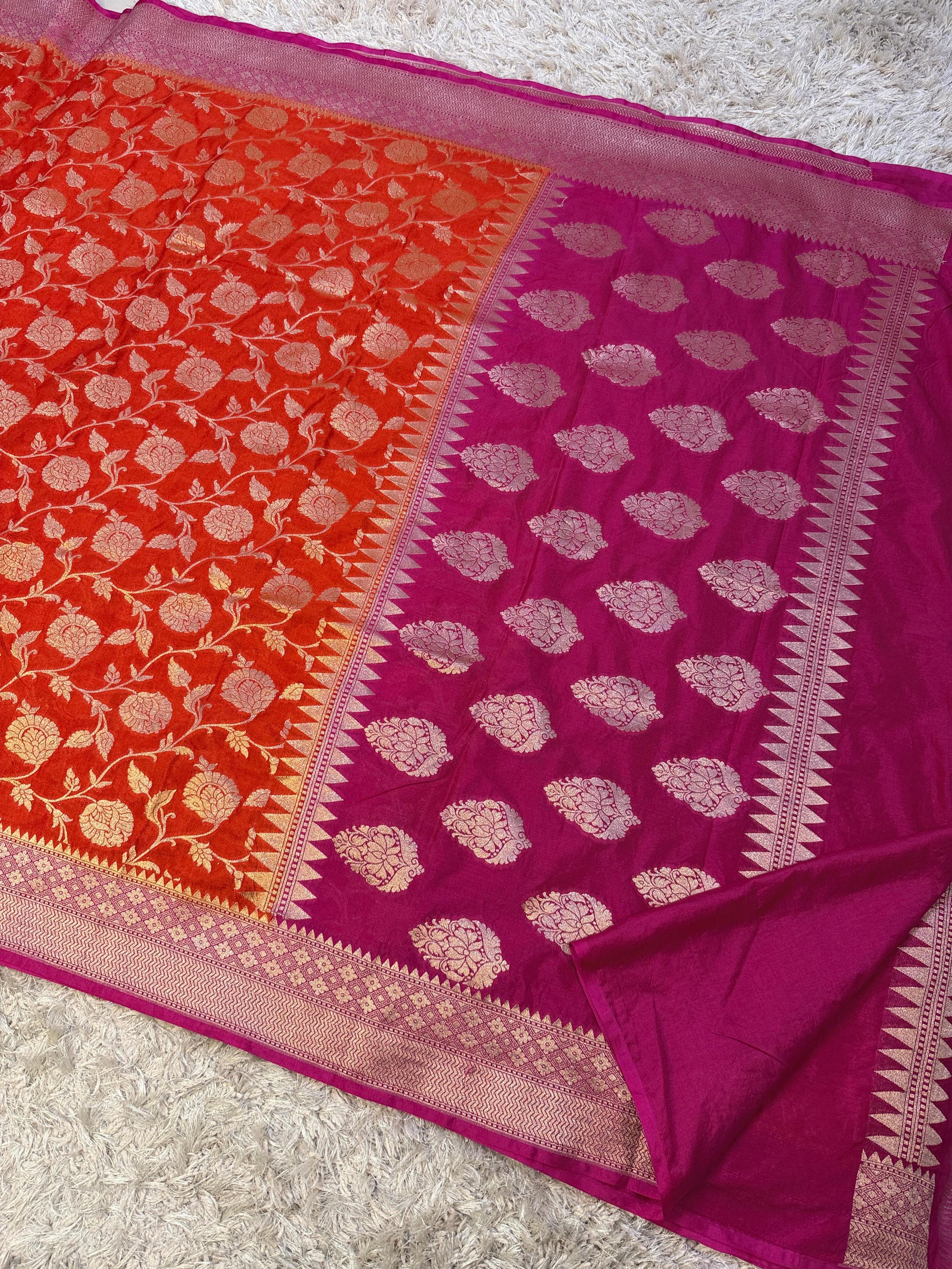 Orange Banarasi Semi Khaddi Kathan Handloom Georgette Silk Saree - Alna Apparels