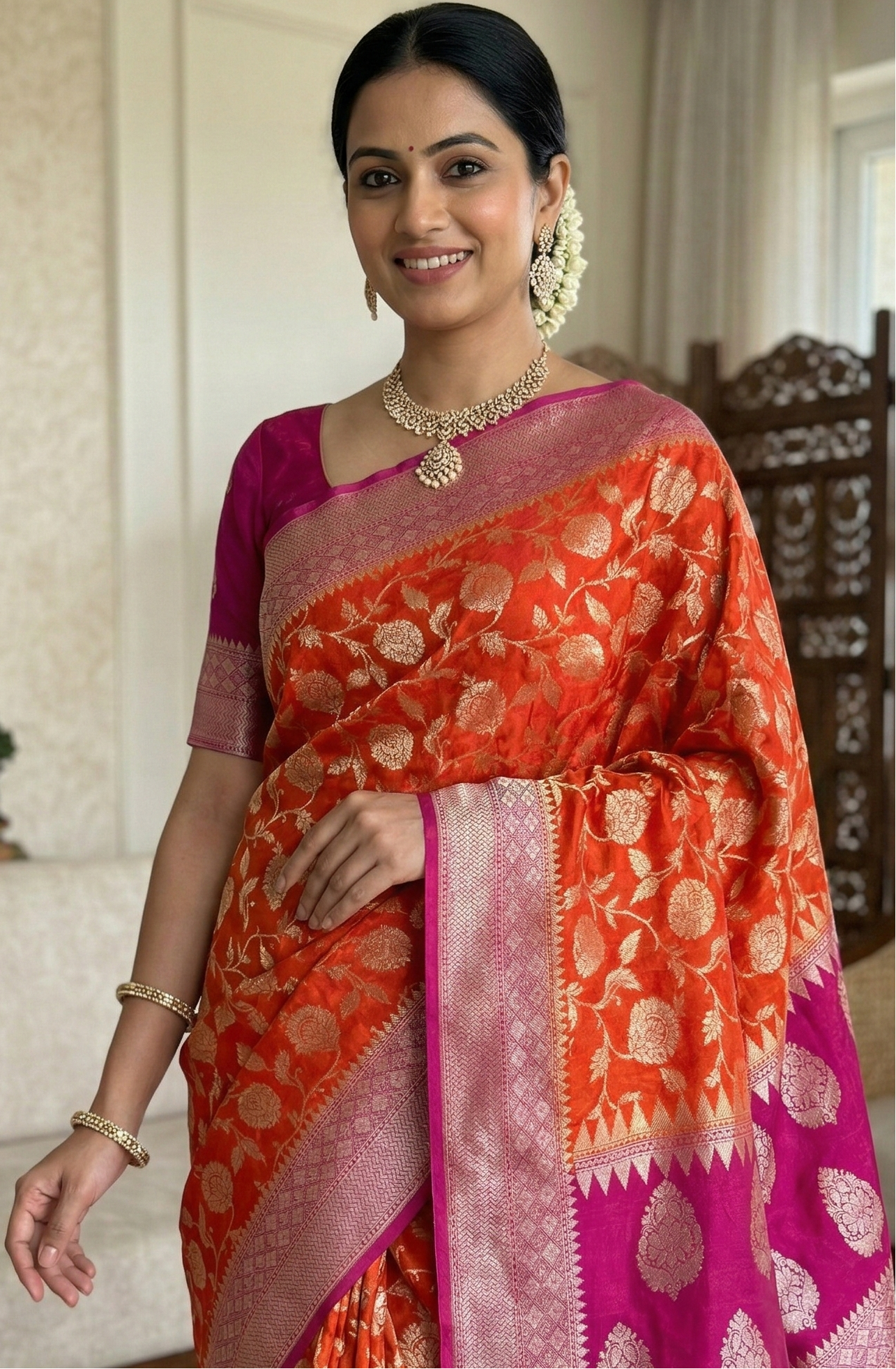 Orange Banarasi Semi Khaddi Kathan Handloom Georgette Silk Saree Alna Apparels