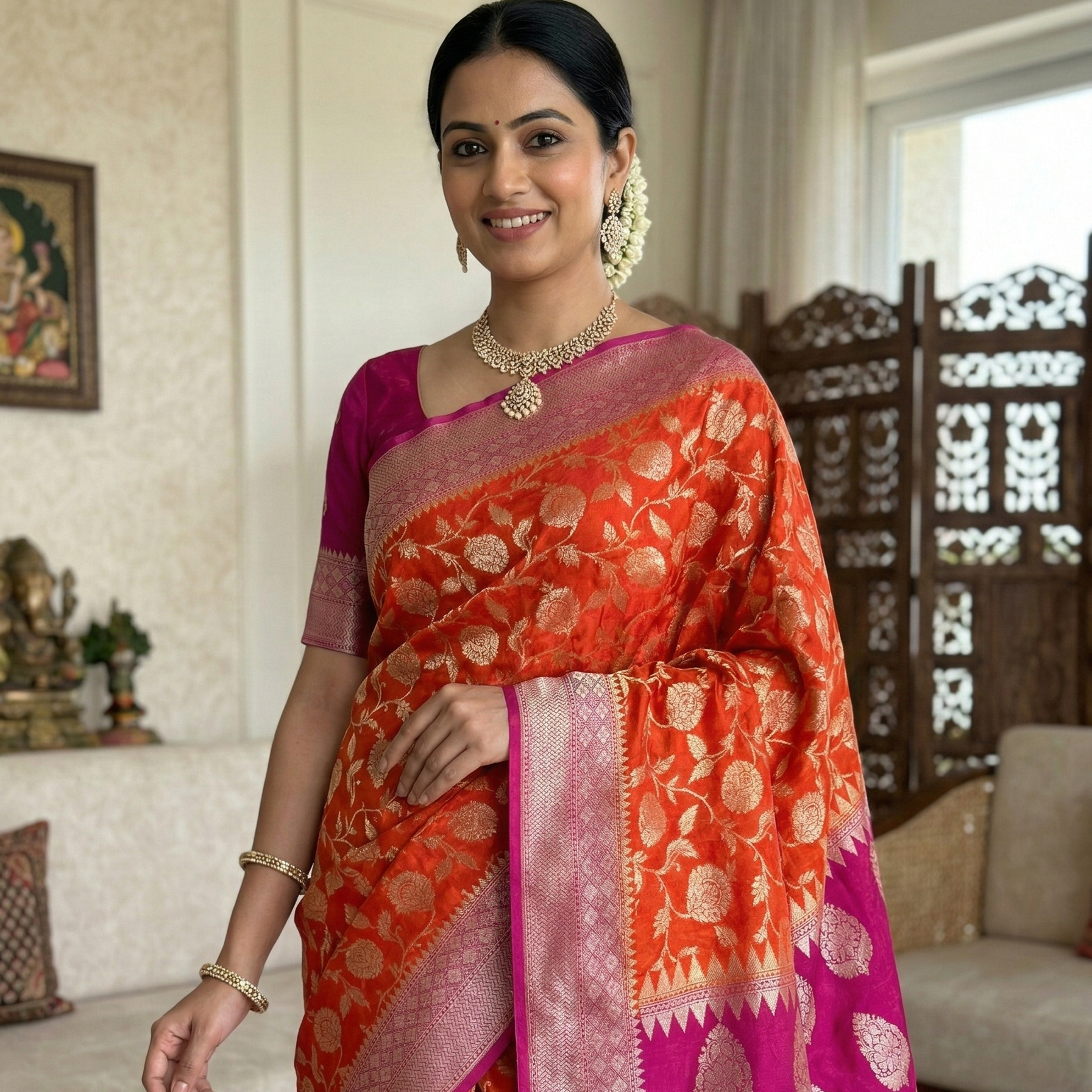 Orange Banarasi Semi Khaddi Kathan Handloom Georgette Silk Saree Alna Apparels