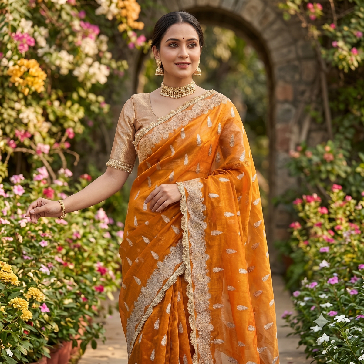 Orange Banarasi Tissue Silk Saree Sparkling Stone Work with Lace Alna Apparels
