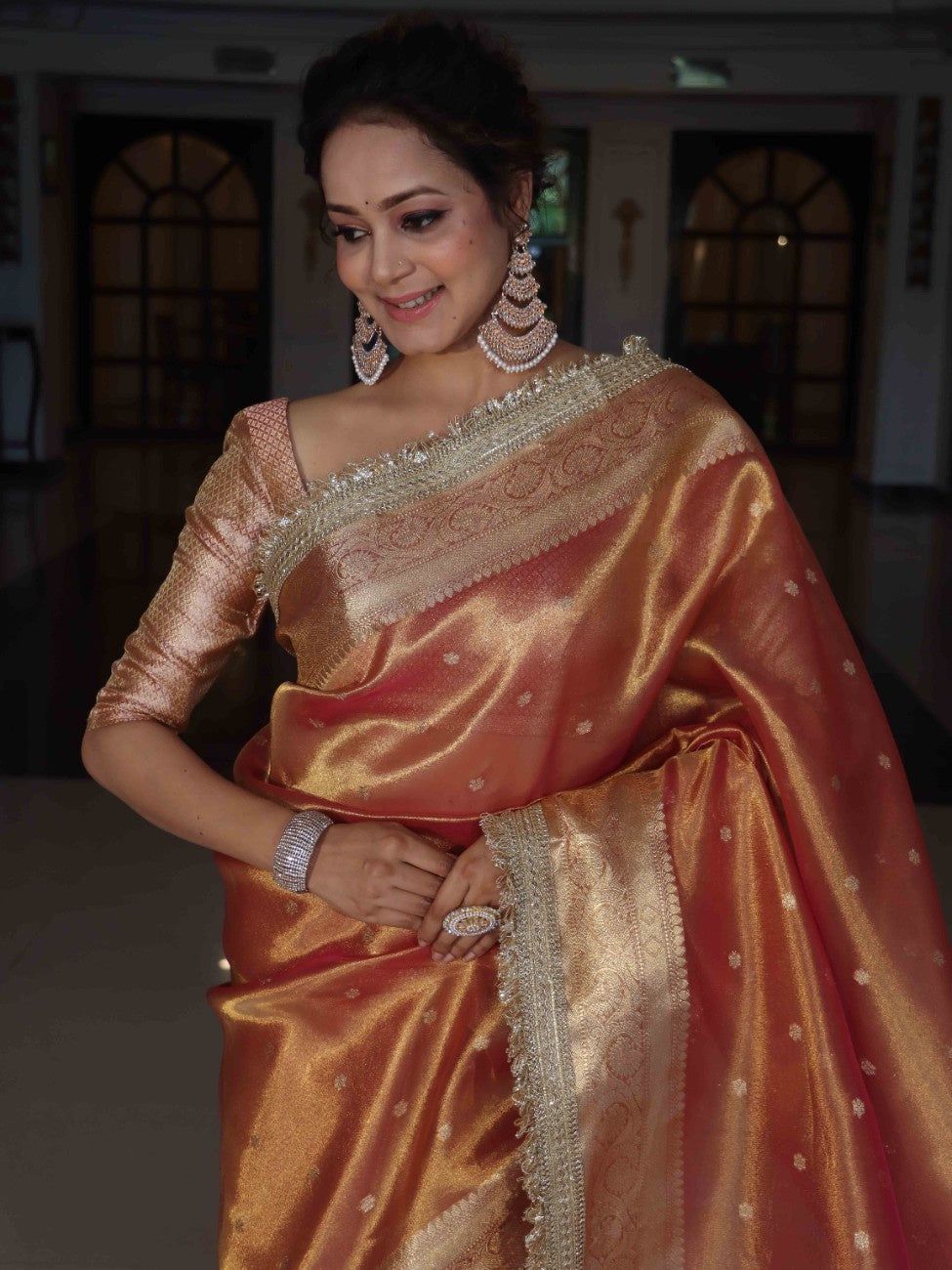 Orange Banarasi Tissue Silk Saree With Zari Buti Design & Lace Work - Alna Apparels