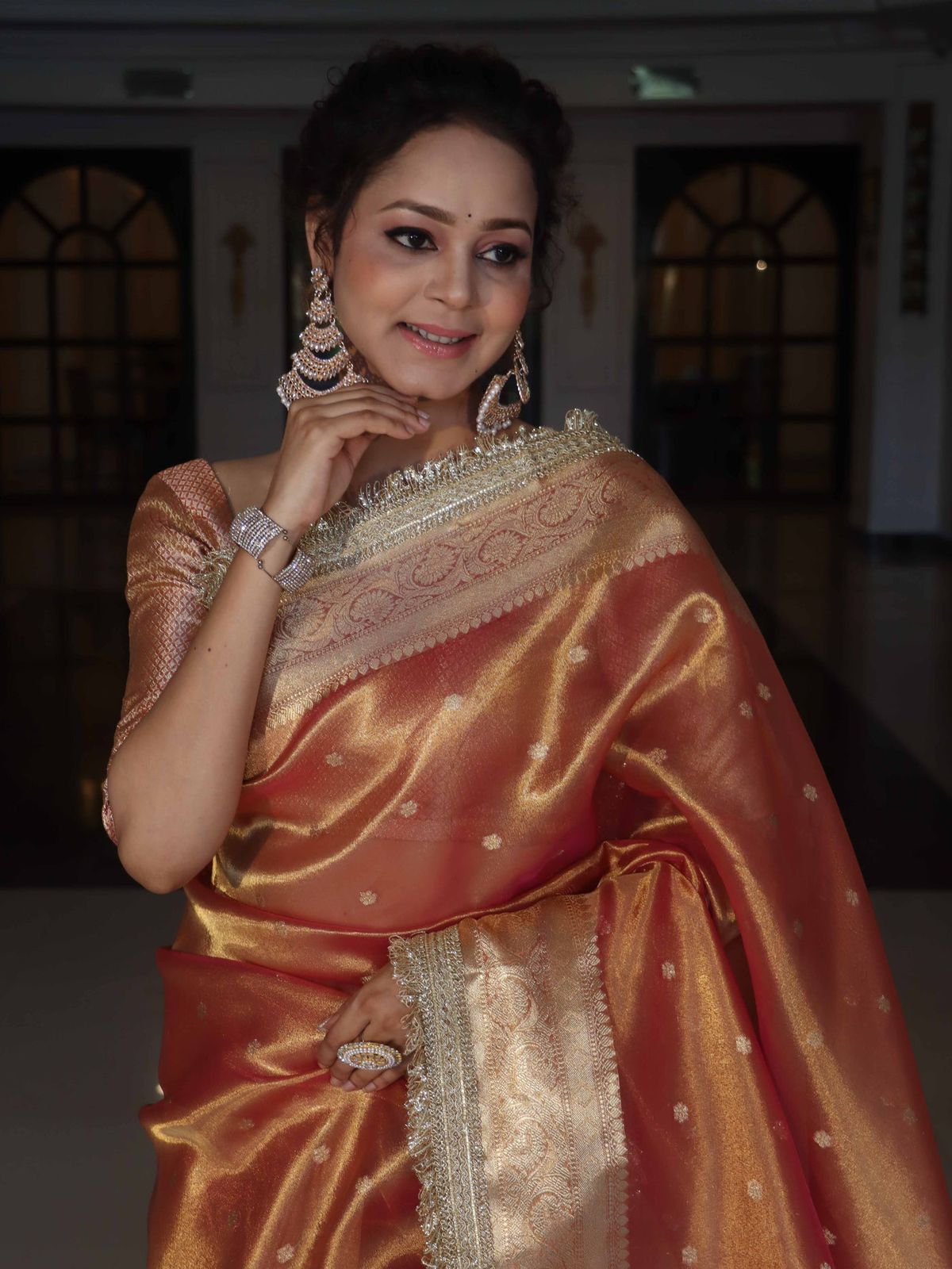 Orange Banarasi Tissue Silk Saree With Zari Buti Design & Lace Work - Alna Apparels