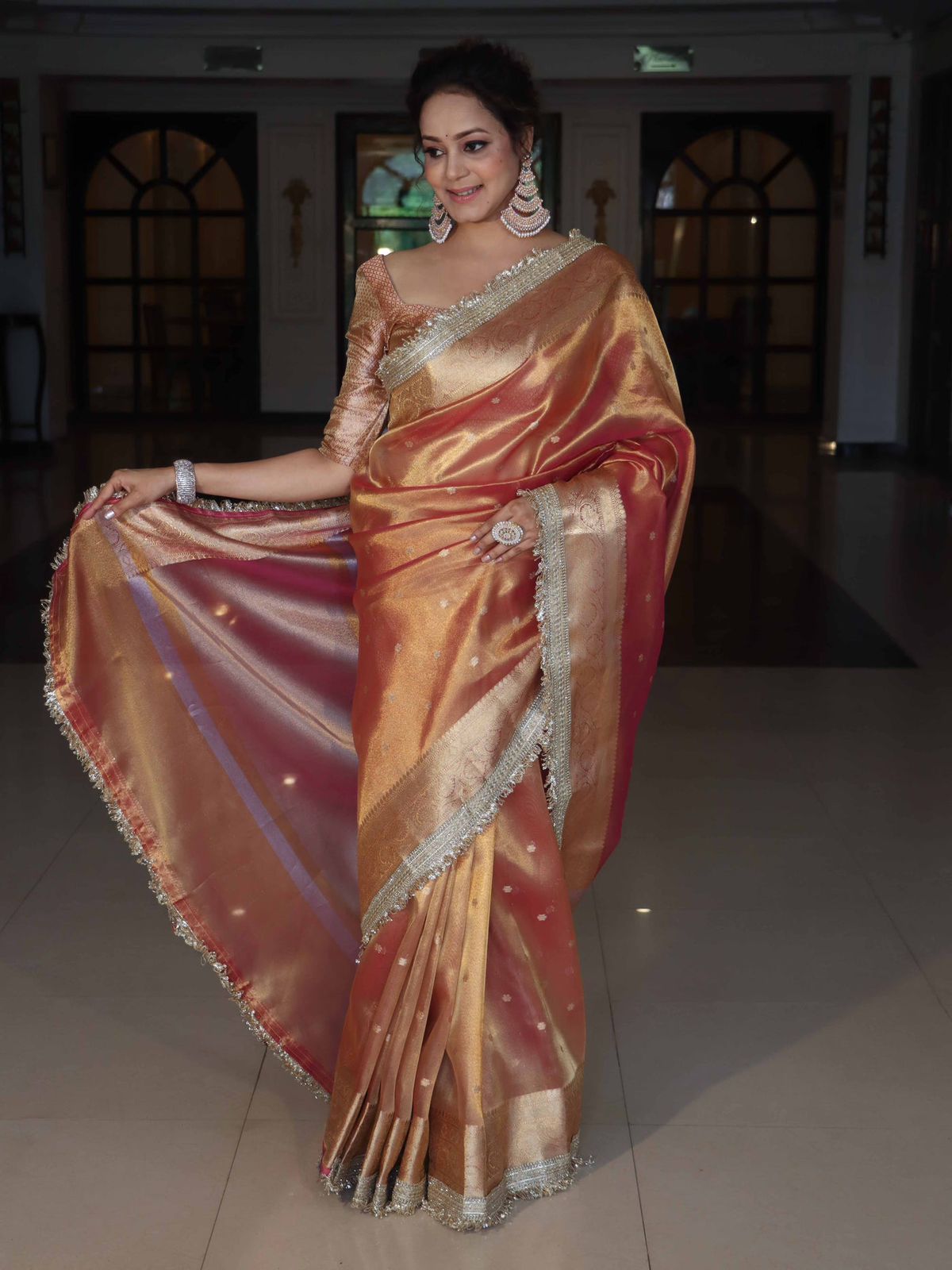 Orange Banarasi Tissue Silk Saree With Zari Buti Design & Lace Work - Alna Apparels