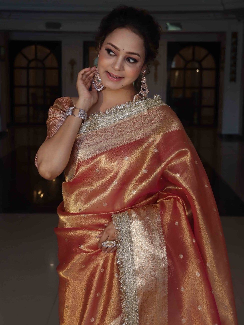 Orange Banarasi Tissue Silk Saree With Zari Buti Design & Lace Work - Alna Apparels