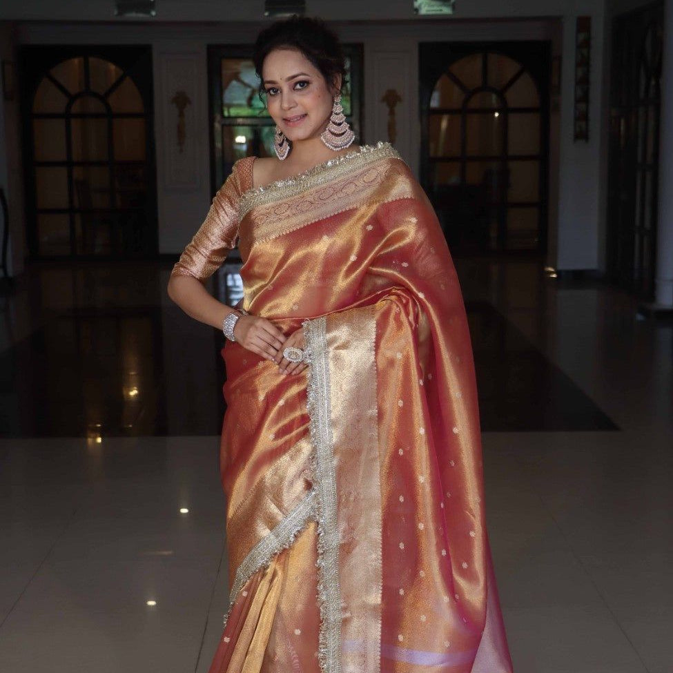 Orange Banarasi Tissue Silk Saree With Zari Buti Design & Lace Work - Alna Apparels