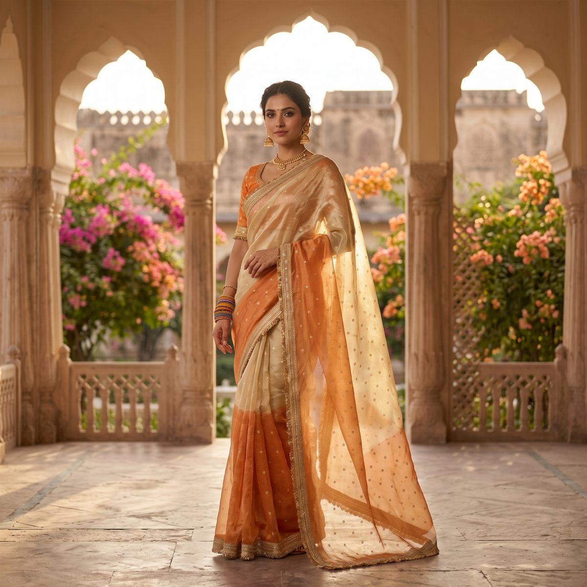 Orange Banarasi Tissue Silk Saree with Lace Work Alna Apparels