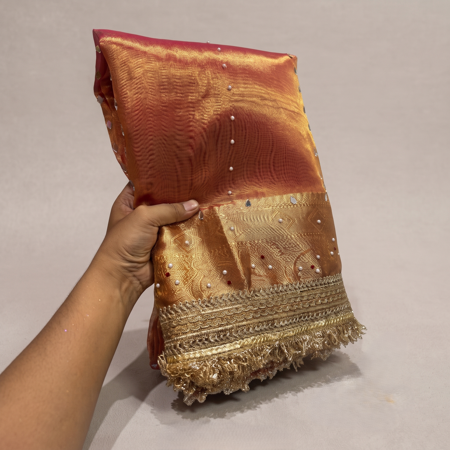 Orange Banarsi Tissue Silk Saree with Lace Work and Mirror Work Alna Apparels