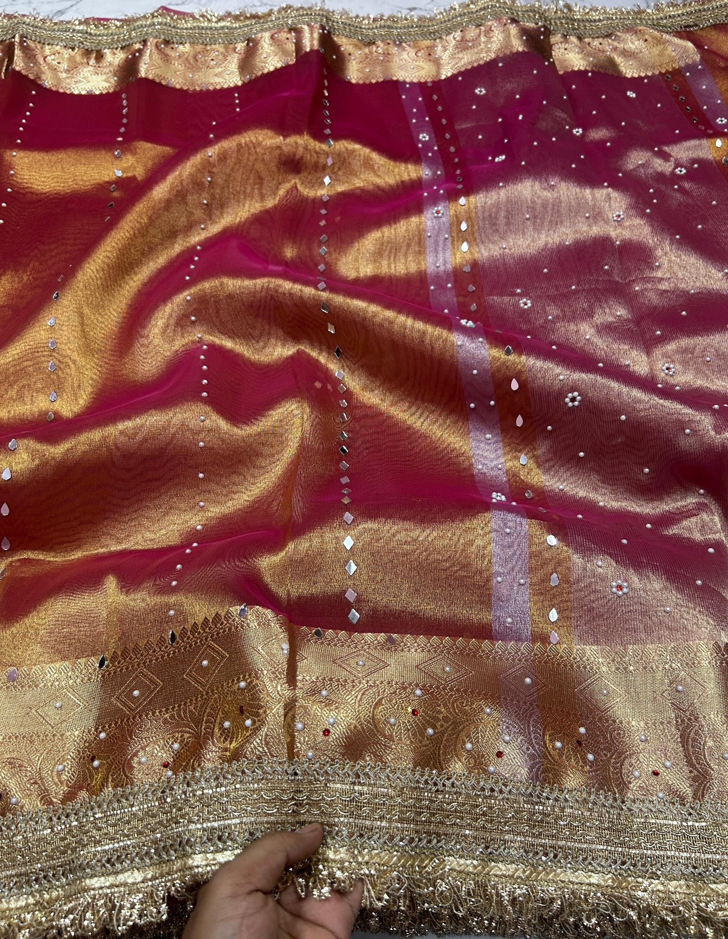 Orange Banarsi Tissue Silk Saree with Lace Work and Mirror Work Alna Apparels