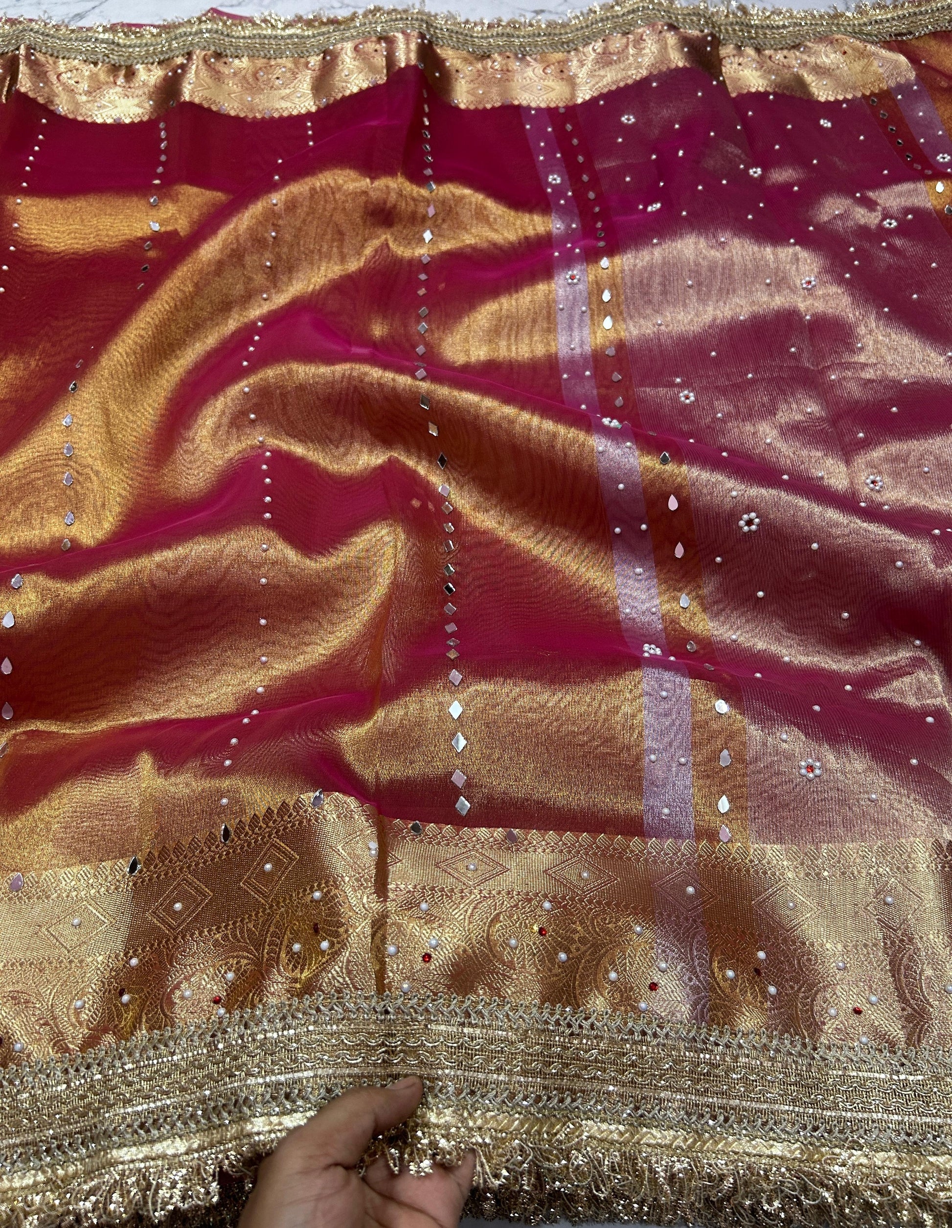 Orange Banarsi Tissue Silk Saree with Lace Work and Mirror Work Alna Apparels
