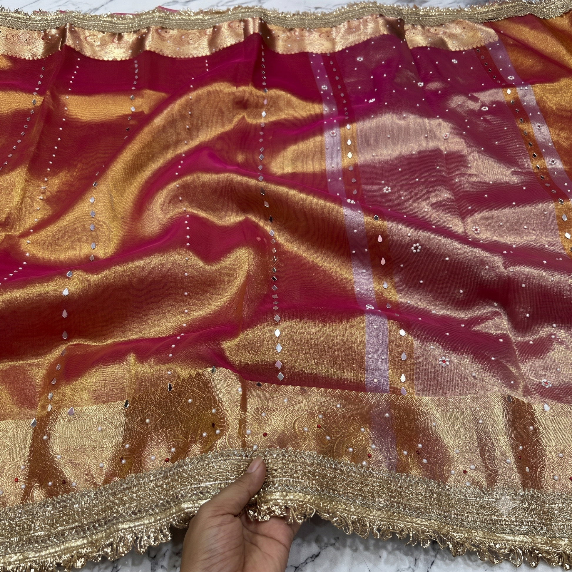 Orange Banarsi Tissue Silk Saree with Lace Work and Mirror Work Alna Apparels