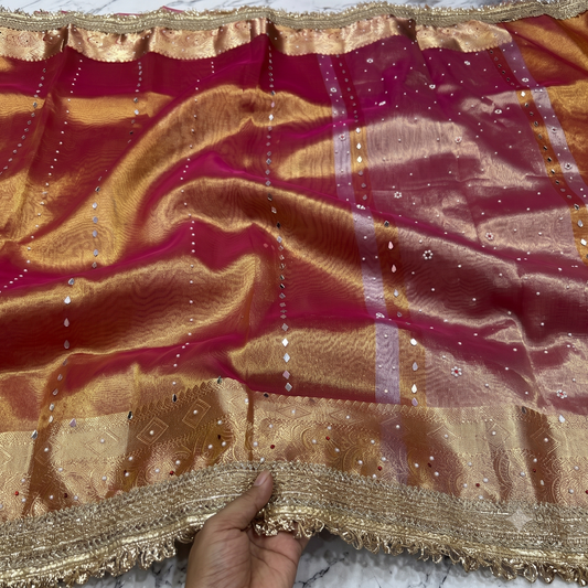 Orange Banarsi Tissue Silk Saree with Lace Work and Mirror Work Alna Apparels