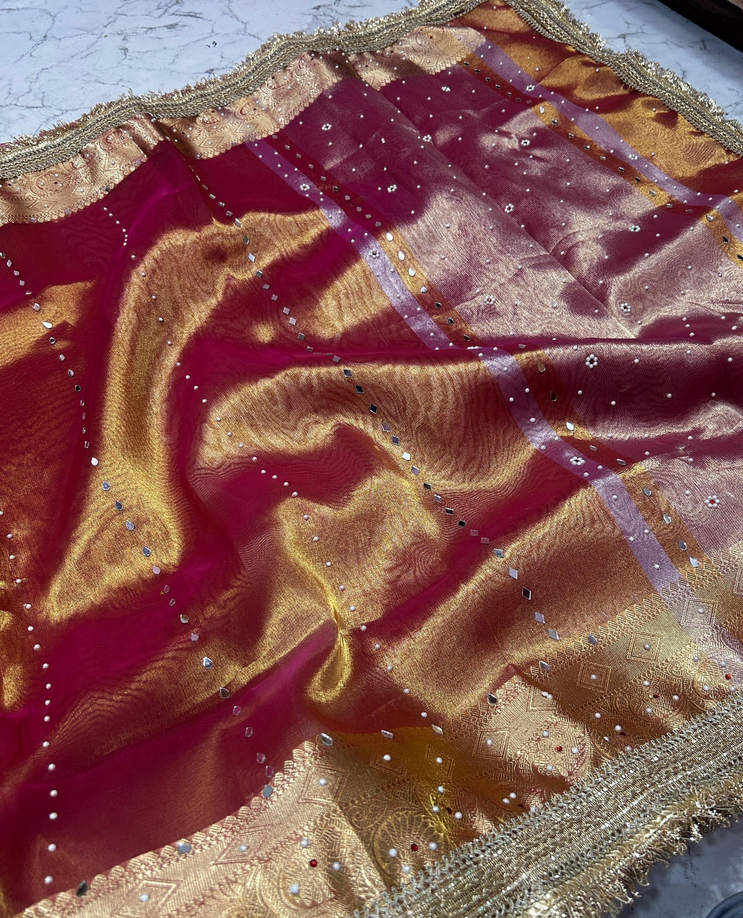 Orange Banarsi Tissue Silk Saree with Lace Work and Mirror Work Alna Apparels