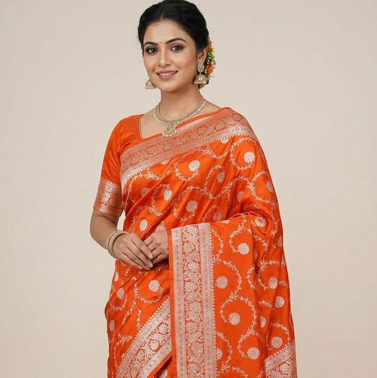 Orange Color Banarasi Mashru Silk Saree Alna Apparels