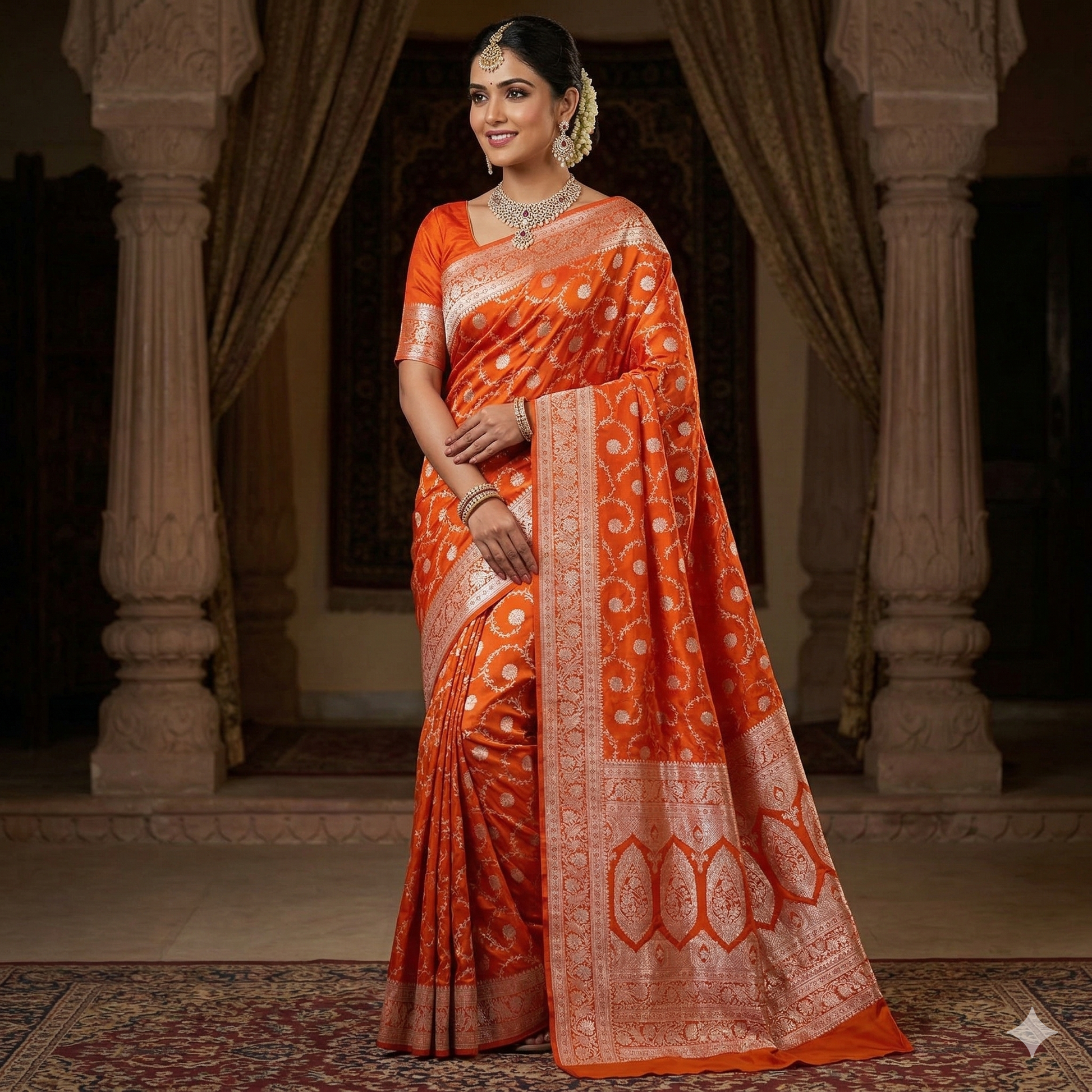 Orange Color Banarasi Mashru Silk Saree Alna Apparels