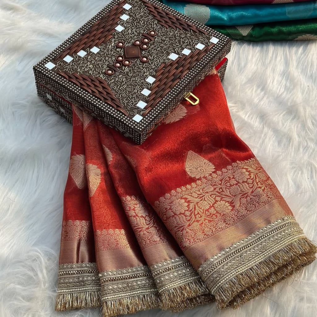Red Banarasi Tissue Silk Saree With Lace Alna Apparels