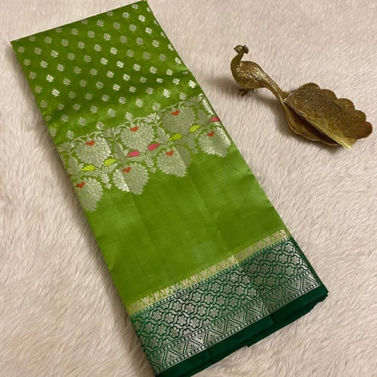 Parrot Green Banarasi Kathan Soft Silk Saree Alna Apparels