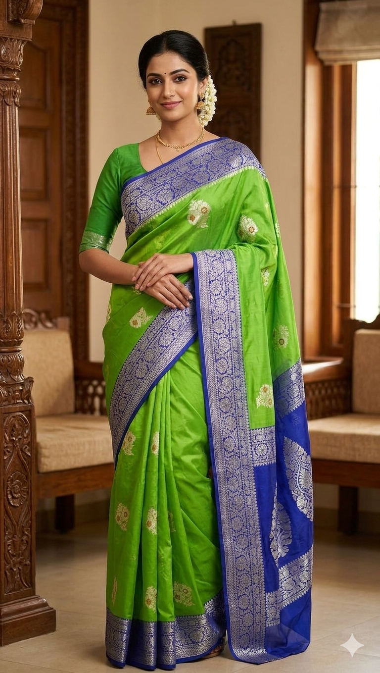 Parrot Green Banarasi Georgette Meenakari Soft Silk Saree Alna Apparels