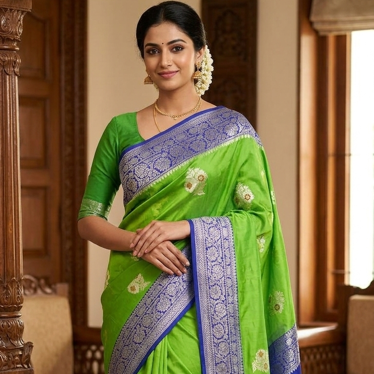 Parrot Green Banarasi Georgette Meenakari Soft Silk Saree Alna Apparels