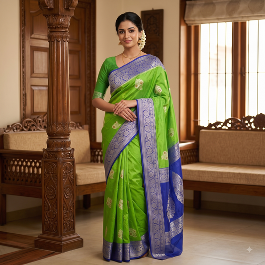 Parrot Green Banarasi Georgette Meenakari Soft Silk Saree Alna Apparels
