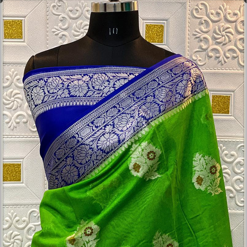 Parrot Green Banarasi Georgette Meenakari Soft Silk Saree - Alna Apparels