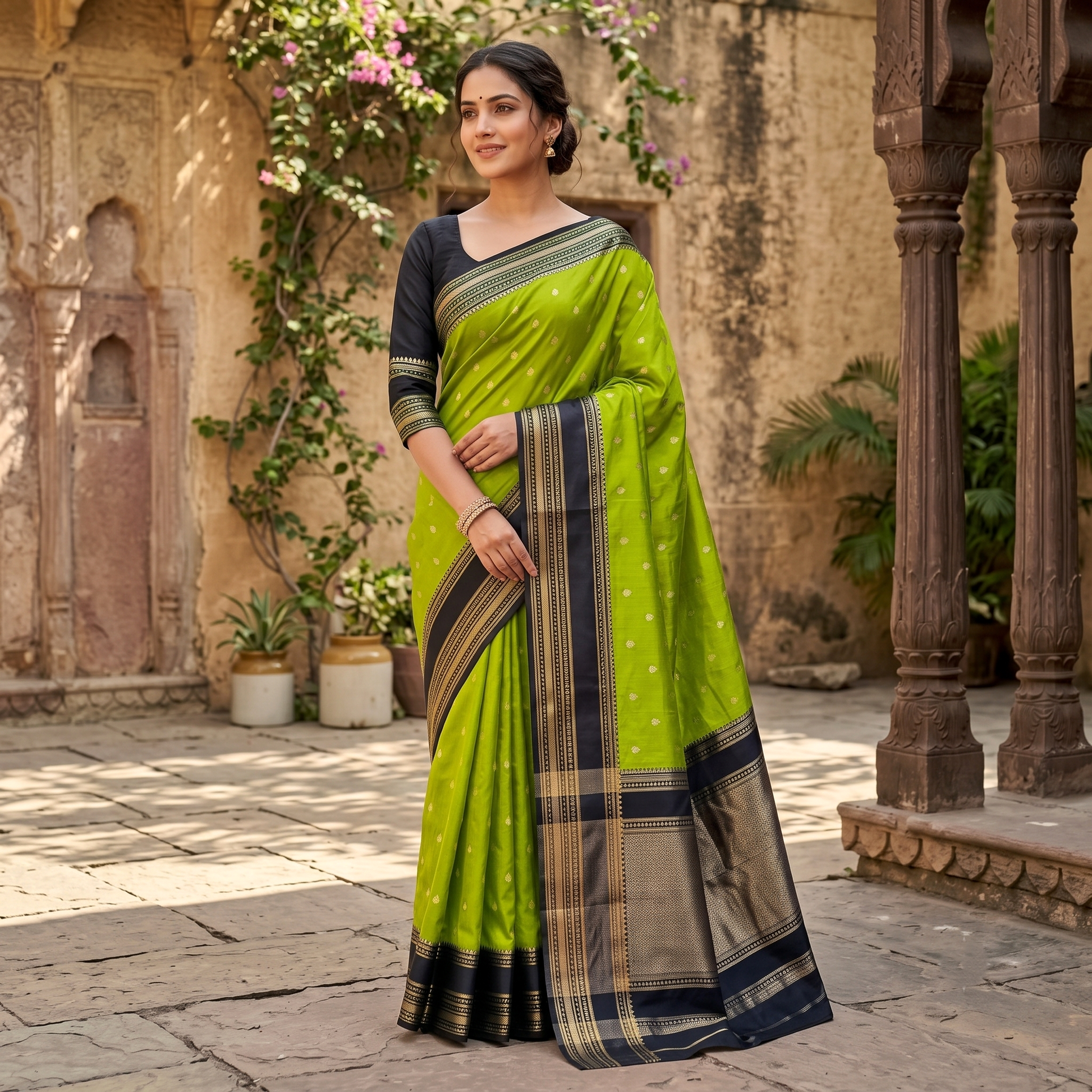Parrot Green Banarasi Warm Soft Silk Saree Alna Apparels