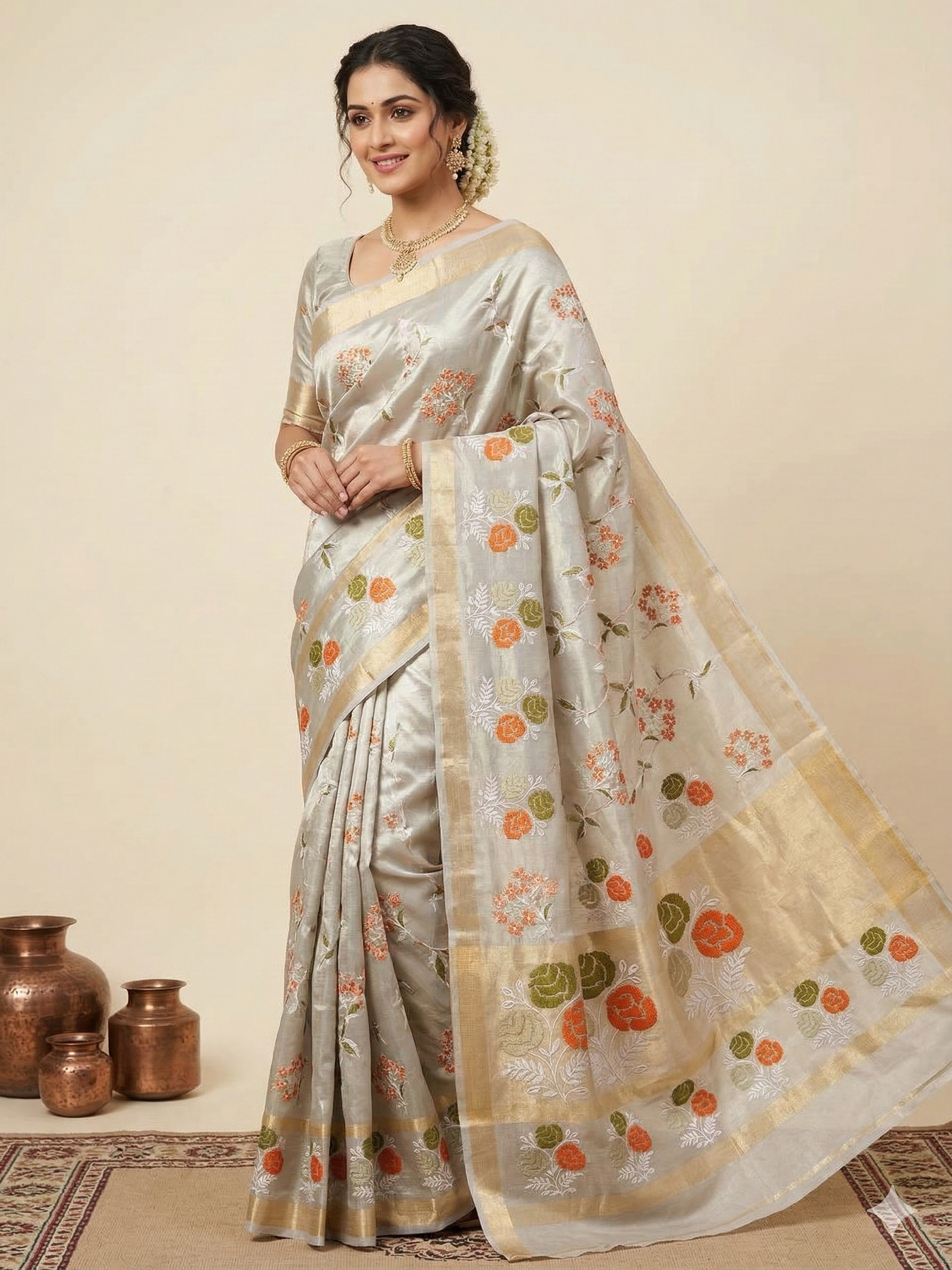 Pasta Green Banarasi Embroidery Tissue Silk Saree Alna Apparels