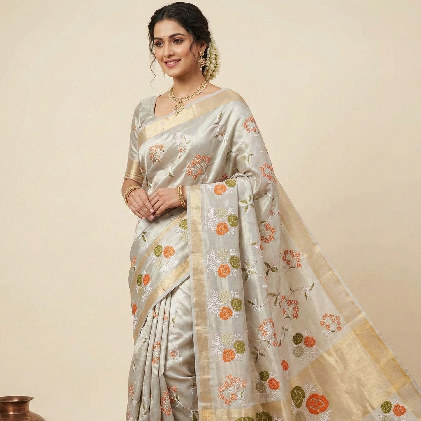 Pasta Green Banarasi Embroidery Tissue Silk Saree Alna Apparels