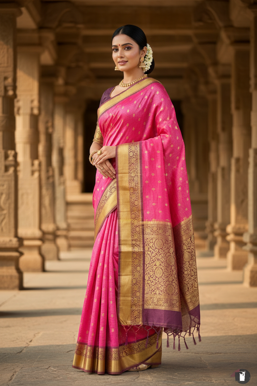 Rani Pink Banarasi Kathan Soft Silk Saree - Alna Apparels