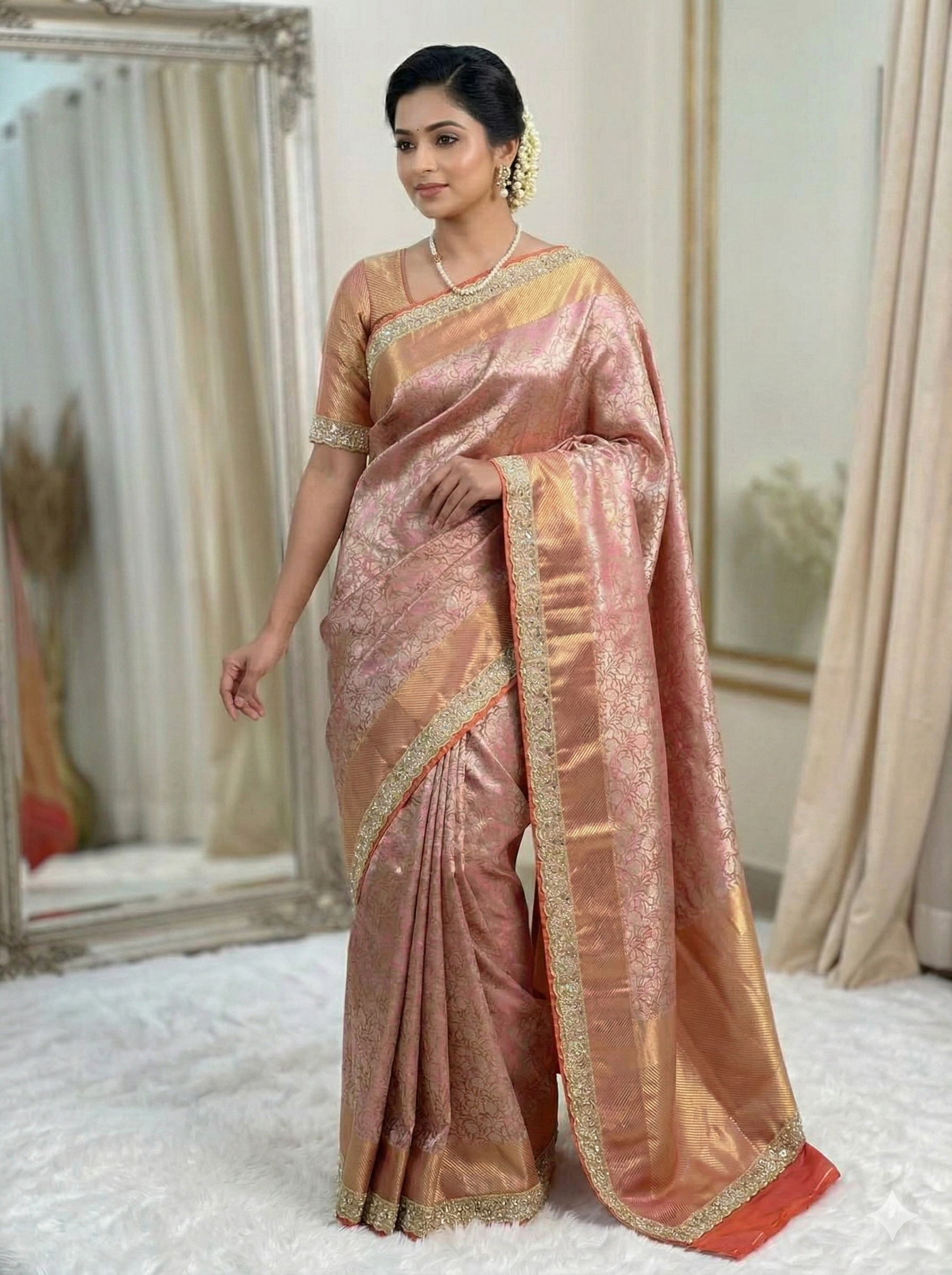 Pink Banarasi Cora Tissue Silk Saree With Lace Work Alna Apparels