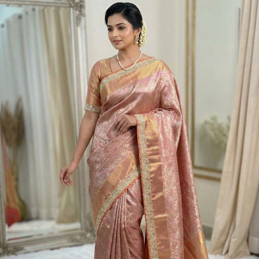 Pink Banarasi Cora Tissue Silk Saree With Lace Work Alna Apparels
