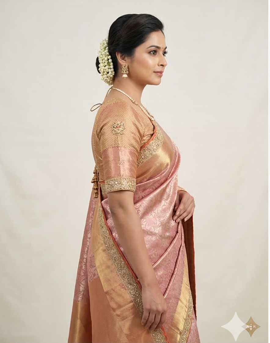 Pink Banarasi Cora Tissue Silk Saree With Lace Work Alna Apparels