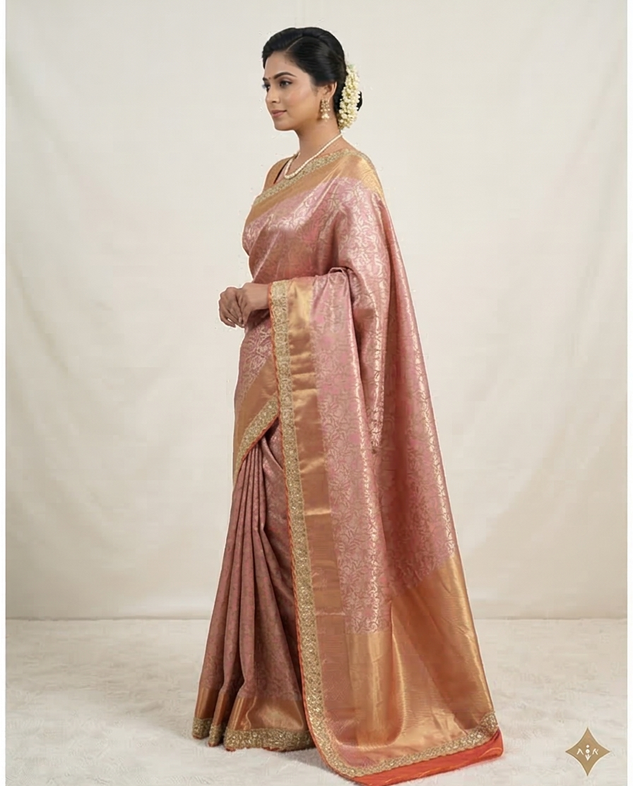 Pink Banarasi Cora Tissue Silk Saree With Lace Work Alna Apparels