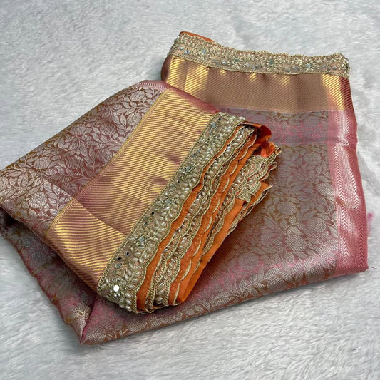 Pink Banarasi Cora Tissue Silk Saree With Lace Work Alna Apparels