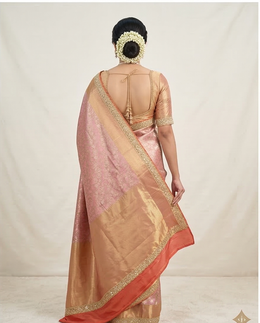Pink Banarasi Cora Tissue Silk Saree With Lace Work Alna Apparels