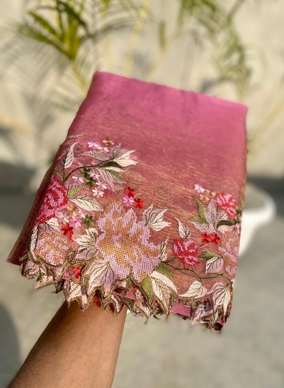 Pink Banarasi Crush Tissue Embroidery Cutwork Saree - Alna Apparels