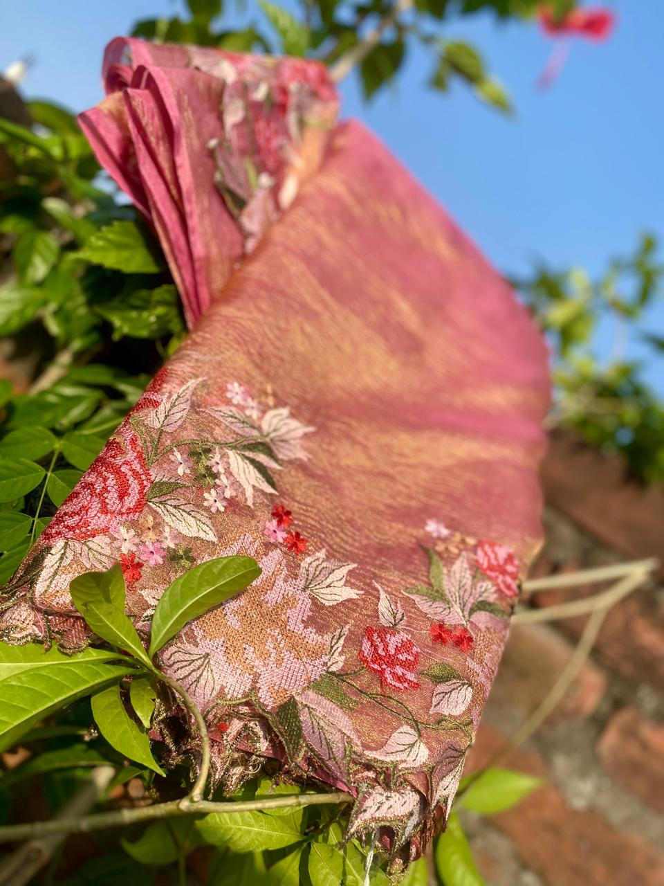 Pink Banarasi Crush Tissue Embroidery Cutwork Saree - Alna Apparels