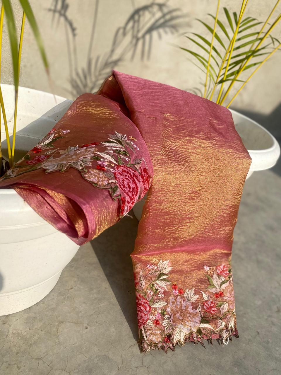 Pink Banarasi Crush Tissue Embroidery Cutwork Saree - Alna Apparels