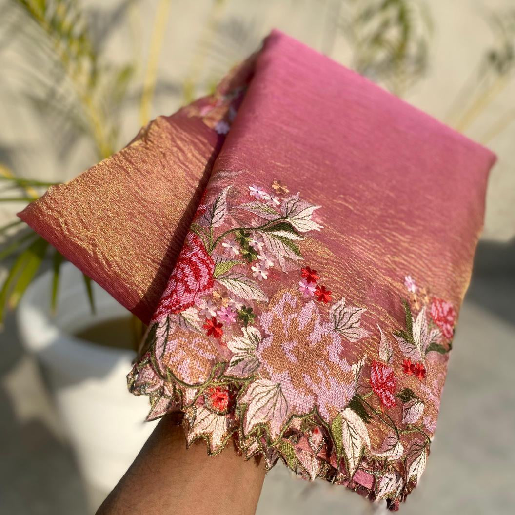 Pink Banarasi Crush Tissue Embroidery Cutwork Saree - Alna Apparels