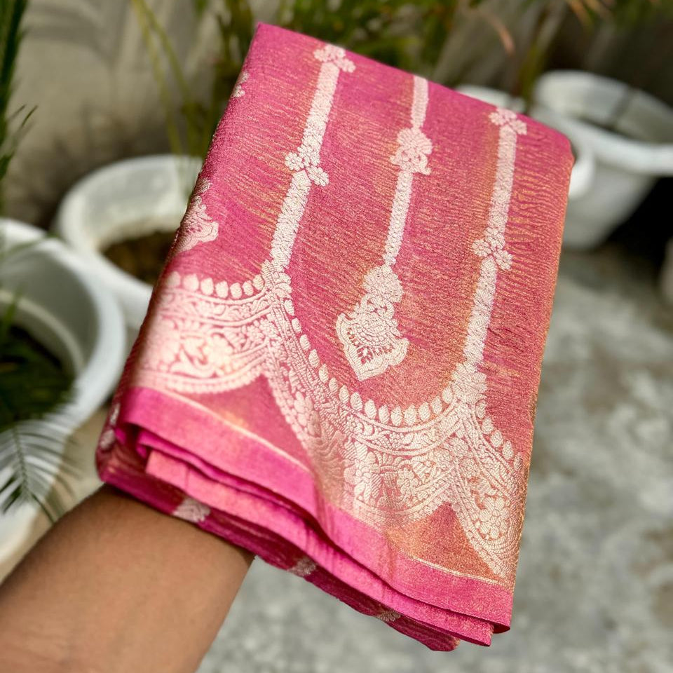 Pink Banarasi Crush Tissue Silk Saree - Alna Apparels