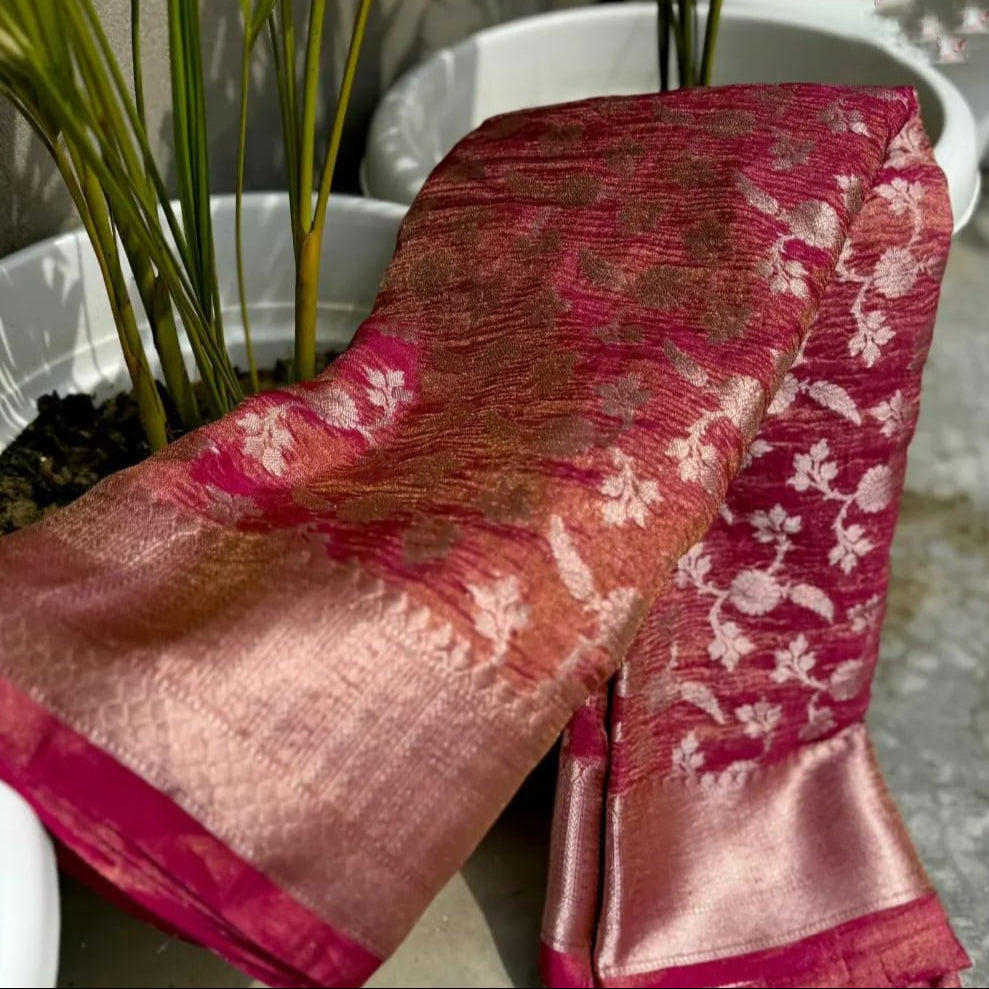 Pink Banarasi Crush Tissue Silk Saree - Alna Apparels